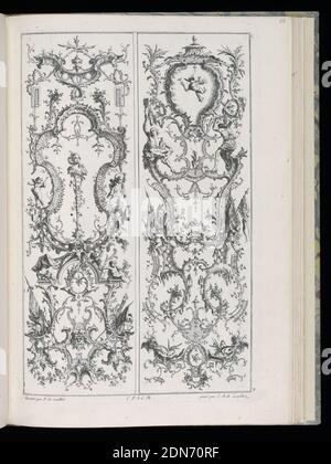 Two Upright Panels, Livre de Paneaux à divers usages (Book of Panels for Various Uses), François de Cuvilliés the Elder, Belgian, active Germany, 1695 - 1768, Karl Albert von Lespilliez, 1723–1796, François de Cuvilliés the Elder, Belgian, active Germany, 1695 - 1768, Engraving on off-white laid paper, Two vertical panels with grotesque designs, which include several putti, flags, and framing elements; on the left, a cartouche with lattice-work pattern. Delicate vegetal decoration throughout., 1738 and 1745, albums (bound) & books, Bound print Stock Photo
