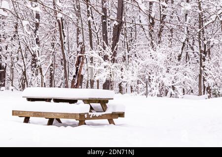 A snow covered wooden picnic table in a field in Frick Park in Pittsburgh, Pennsylvania, USA on a snowy winter day Stock Photo