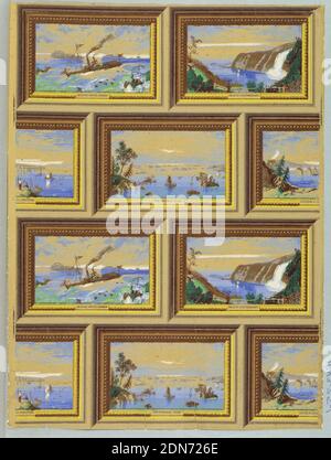 Sidewall, Machine printed on paper, Design of four scenes: 'La Chine Rapids, Canada', 'The Thousand Isles', 'Falls of Montmorency', 'Victoria Bridge, Montreal'. Each scene is the same size and shown in a similar frame of gilt molding with beading. Printed in blue, yellow, green and brown., England, ca. 1870, Wallcoverings, Sidewall Stock Photo