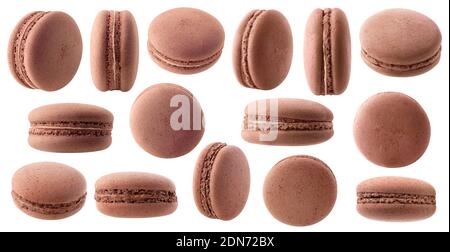 Collection of 15 chocolate macaroons isolated on white background Stock Photo