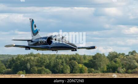 September 12, 2020, Kaluga region, Russia. The Aero L-39 Albatros training aircraft performs a training flight at the Oreshkovo airfield. Stock Photo