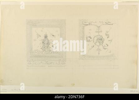 Wall Decoration (West) Wall, Music Room, Royal Pavilion, Brighton, Frederick Crace, 1779 - 1859, Graphite on paper, Elevation of a wall, with a mantelpiece indicated in the center. The walls to left and right are covered by painted panels, contained in wide decorative borders. At left, a seated Chinese lion and fling dragons. At right, a Chinese lion within a circular pendant and flying dragons., England, 1817, architecture, interiors, Drawing Stock Photo