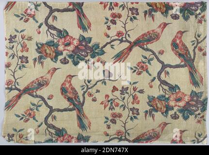 Textile, Medium: cotton Technique: block printed on plain weave, Paired birds on forked branches with flowering blossoms., England, late 19th century, Textile Stock Photo