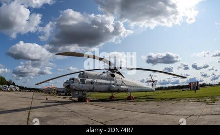 September 12, 2020, Kaluga region, Russia.  Military transport helicopter (flying crane) Mil Mi-10 at the Oreshkovo airfield. Stock Photo