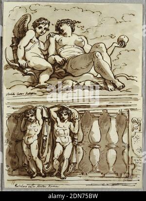 Venus and Cupid, Study after Annibale Carracci, Felice Giani, Italian, 1758–1823, Pen and ink, brush and brown wash over black chalk on heavy white paper, Upper drawing of Venus seated on clouds, holding apple(?) in left hand; at left, Cupid with his bow and quiver of arrows. Lower drawing of two putti at left, posed like caryatids, holding draperies. Background shows balustrade with suggestion of coat-of-arms at right., Italy, 1821–22, figures, Drawing Stock Photo