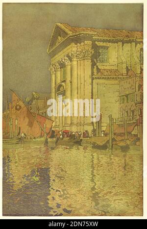 Church of San Salvatore, Venice, Jules Guerin, American, 1866 - 1946, Chromolithograph on paper, View looking across a canal at the Palladian façade of the church. Fishing boats with colorful sails drawn up near the entrance to the church., USA, ca. 1900–1910, Print Stock Photo