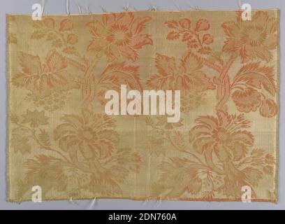 Textile, Medium: silk Technique: compound weave, Large-scale flowers and fruit on curving ogival stems, in white on salmon pink weft-ribbed ground. Two plain selvages., England, 18th century, woven textiles, Textile Stock Photo