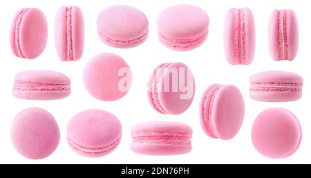 Isolated strawberry macaron collection. 15 pink macaroons with white and pink creme isolated on white background Stock Photo