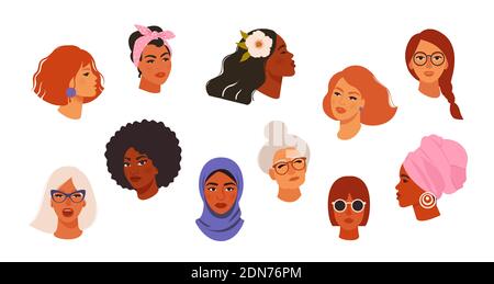 Portraits of beautiful women of different skin color, age, hairstyle, face types. Avatars of diverse fashionable female characters isolated on white b Stock Vector