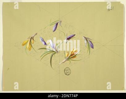 Designs for Wallpaper and Textiles: Flowers, Brush and gouache, graphite on beige paper, Ten pink flowers and buds with the flowers equal in size to their stems, some with foliage and some with two flowers. The ten flowers are spread across page. In background two light gray and beige sections of grasses with their tops facing outward to the left and right., France, 19th century, wallpaper designs, Drawing Stock Photo