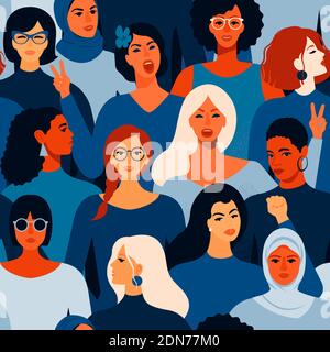 Female diverse faces of different women seamless pattern. Vector seamless pattern Stock Vector