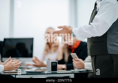 business man makes a report at a working meeting Stock Photo