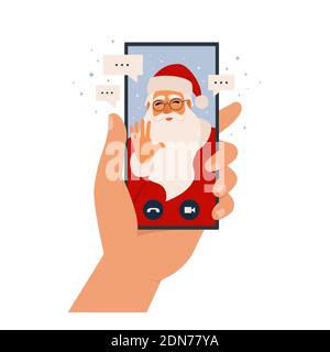 Video call Santa Claus, chatting online by mobile app. Stay at home, work, communication remotely. Hand holding smartphone. Santa calling on device sc Stock Vector