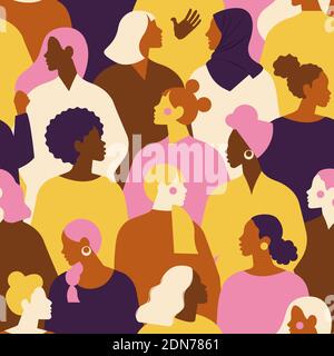 Female diverse faces of different ethnicity seamless pattern. Women empowerment movement pattern. International womens day graphic vector. Stock Vector