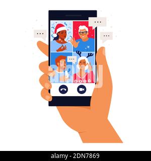 Diverse people dancing and chatting on the online video conference house party. Friends meeting up online. Party from home via videocall Stock Vector