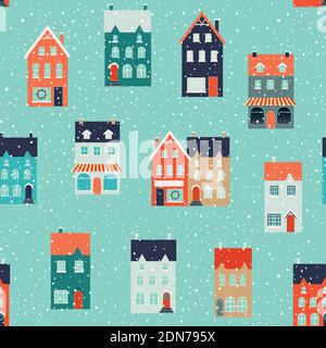 Winter houses for Christmas and Christmas fabrics and decor Seamless pattern. Stock Vector