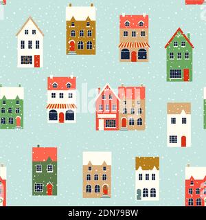 Winter houses. Christmas fabrics and decor Seamless pattern. Stock Vector