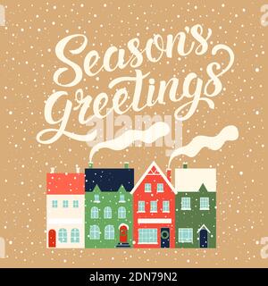 Winter houses for Christmas. Christmas card decor. Vector illustration. Stock Vector