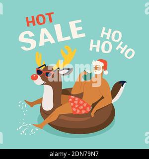 Santa Claus wearing a deer swim ring. Tropical Christmas. Summer Santa. Vector illustration Stock Vector