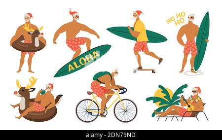 Summer Santa Claus in shorts on beach vector set. Cute cartoon character for Christmas design isolated background. Stock Vector