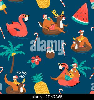 Christmas seamless pattern with cute funny Santa Claus animals with reindeer and flamingo inflatable ring. Tropical Christmas. Vector illustration Stock Vector