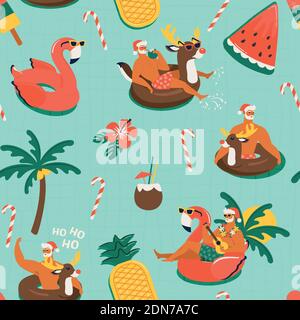 Christmas seamless pattern with cute funny Santa Claus animals with reindeer and flamingo inflatable ring. Tropical Christmas. Vector illustration. Stock Vector