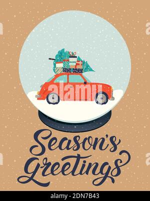 Vector illustration vintage style for Christmas. The postcard with retro car, tree, presents, snowflakes glass snowball and lettering Merry Christmas Stock Vector