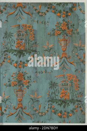 Sidewall, Block printed on handmade paper, Arabesque-style Chinoiserie. Alternating motifs in orange and dark green; pergola hung with bells played by man and boy in Chinese costume, surrounded by foliage and supporting floral and fruit festoons; an urn filled with flowers and scrolled acanthus. Printed on deep blue ground. Vertical rectangle of joined sheets of paper., France, 1773–80, Wallcoverings, Sidewall Stock Photo