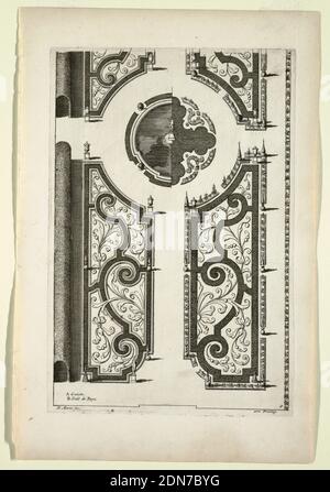 Design for Garden Parterres with Scroll Motifs and Boxwood Arbor, in 'Nouveaux Livre de Parterres,' in Oeuvres Du Sr. D. Marot..., The Hague: Chez Pierre Husson, c.1702, Daniel Marot, French, active in the Netherlands and England, 1661–1752, Daniel Marot, French, active in the Netherlands and England, 1661–1752, Etching and engraving on cream laid paper, Symmetrical arrangement of parterres de broderie in four sections around a central fountain/parterre; each section consisting of a scroll pattern with leaf and floral motifs (broderie) in between; borders interspersed with urns Stock Photo