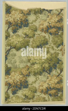 Sidewall, Machine-printed, Dots, wavering vertical pin stripes in black, printed over foliage on tree boughs in shades of green, blue, ochre, outlined in maroon, on green ground., USA, 1875–1900, Wallcoverings, Sidewall Stock Photo