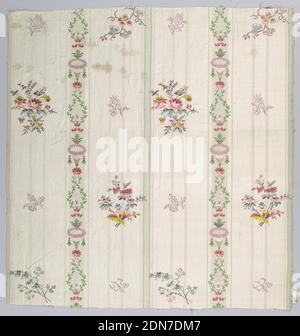 Textile, Medium: silk Technique: plain compound cloth, brocaded, Striped white taffeta with small-scale floral sprays brocaded in polychrome silks., France, 18th century, woven textiles, Textile Stock Photo