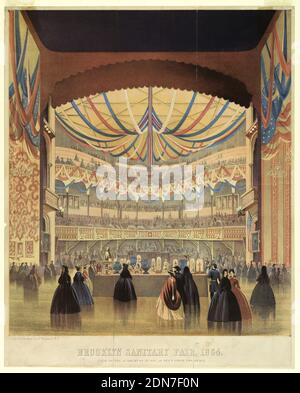 Brooklyn Sanitary Fair of 1864, the Academy of Music, A. Brown and Company, Colored inks, Vertical rectangle. View from the stage showing the display. Spectators stand in the foreground. Below: 'Brooklyn Sanitary Fair, 1864 / View of the Academy of Music as seen from the Stage.', USA, 1864, interiors, Print Stock Photo