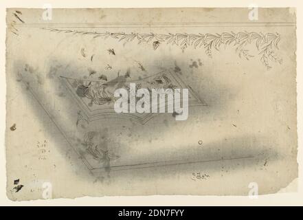 Design for the Embroidery of a Man's Waistcoat, Pen and ink on paper, A working drawing. Lower left section of a waistcoat. Leaves and small flowers on pocket. A similar motif indicated in corner and in border design, upper left to upper right. Pin pricked for transference., France, 1780–1790, Drawing Stock Photo