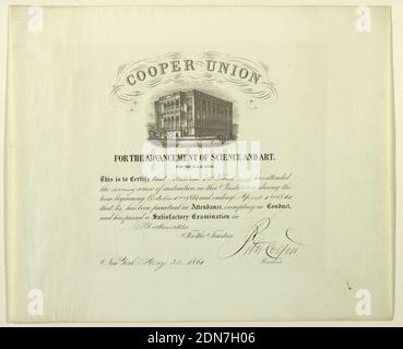 Certificate in Mathematics, Cooper Union, Engraving in black ink on paper, An engraved certificate awarded by Cooper Union to William McFaul who 'attended the evening course of instruction in this Institution during the term beginning October 1st 1860 and ending April 1st 1961.' Vignette of the Cooper Union. Signed by Peter Cooper as President, New York, May 22, 1861., USA, New York City, New York, USA, May 22, 1861, graphic design, Print Stock Photo