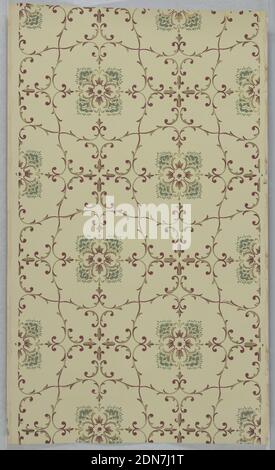 Ceiling paper, Machine-printed paper, liquid mica, Foliate scroll trellis framework, floral quatrefoil motif fills adjacent voids, alternating with a fill of four foliate motifs. Printed on light yellow ground., USA, 1905–1915, Wallcoverings, Ceiling paper Stock Photo