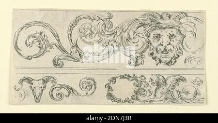 Plate from Frises, Feuillages et Grotesques (Friezes, Foliage and Grotesques), Stefano della Bella, Italian, 1610–1664, Jacques Van Merle, Flemish, 1616 - 1682, Etching on laid paper, Horizontal rectangle showing scrolling arabesques, a bucranium (bovine skull), a mask with acanthus leaves, and a sea lion., Italy, ca. 1645, ornament, Print Stock Photo