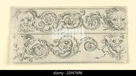 Plate from Frises, Feuillages et Grotesques (Friezes, Foliage and Grotesques), Stefano della Bella, Italian, 1610–1664, Jacques Van Merle, Flemish, 1616 - 1682, Etching on laid paper, Horizontal rectangle showing two friezes composed of scrolling acanthus arabesques and masks. At upper right, a lion’s head’ lower left, a bucranium., Italy, ca. 1645, ornament, Print Stock Photo