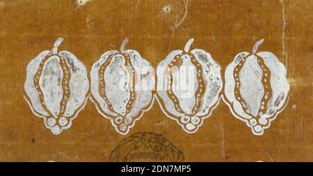 Design for an Embroidered or Woven Horizontal Border of the 'Fabrique de St. Ruf', Fabrique de Saint Ruf, Lyon, France, Brush and white gouache on glazed tracing paper, Four fantastic fruits hanging into scallops., France, 1805–1815, Drawing Stock Photo