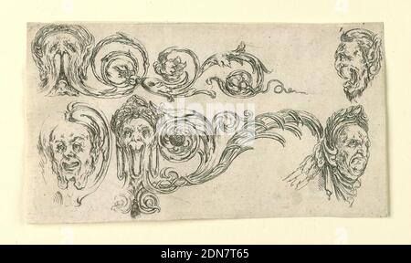 Plate from Frises, Feuillages et Grotesques (Friezes, Foliage and Grotesques), Stefano della Bella, Italian, 1610–1664, Jacques Van Merle, Flemish, 1616 - 1682, Etching on laid paper, Horizontal rectangle showing scrolling acanthus arabesques and grotesque faces. At right, a man wearing a laurel wreath., Italy, ca. 1645, ornament, Print Stock Photo