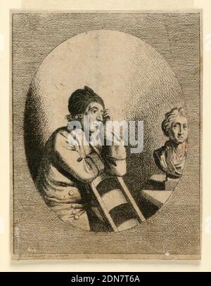 Portrait of an Old Man, Etching on paper, An old man, wearing a dark cap, in three-quarter view to right. He is leaning his elbows on the back of a chair. At right, a corner of a table on which is a white marble bust., Germany, ca. 1775, Print Stock Photo