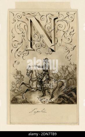 Design for the Letter N of a Pictoral Alphabet: Napoléon, Victor Vincent Adam, 1801–1866, Graphite, pen and bistre ink, brush and ink wash, with white heightening on cream paper, Letter above, flanked by intertwining rinceau. Napoléon Bonaparte is seen riding in battle., France, ca. 1830, Drawing