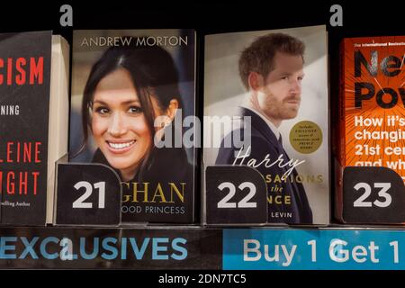 Meghan Markle and Prince Harry biography books at bestsellers section in WHSmith bookshop, UK Stock Photo