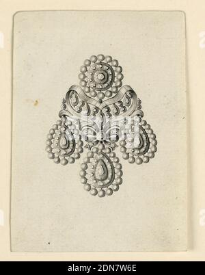 Design for an Earring, Pen and black ink, brush and gray watercolor on light green paper, Jewelry design for an earring, a disk above and three drops below, each having outside rows of round diamonds. In the center, an escutcheon in the shape of a heart with a small knot below; inside rows of two disks, one above the other, alternating with a drop. Upper corners slightly bevelled., probably Naples, South Italy, Italy, ca. 1780, jewelry, Drawing Stock Photo