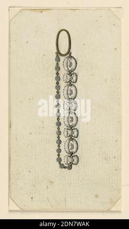 Design for an Earring, Pen and black ink, brush and gray watercolor, gold on paper, Jewelry design for an earring. The same scheme as 1938-88-787, the frontal half consisting of alternating ovals with a disk in the center and oblongs, equally filled, the rear half being a chain of disks or pearls. Bevelled corners., probably Naples, South Italy, Italy, ca. 1800, jewelry, Drawing Stock Photo