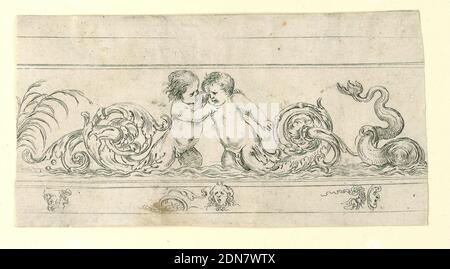 Plate from Frises, Feuillages et Grotesques (Friezes, Foliage and Grotesques), Stefano della Bella, Italian, 1610–1664, Jacques Van Merle, Flemish, 1616 - 1682, Etching on laid paper, Horizontal rectangle showing a frieze with two putto whose legs terminate in scrolling acanthus arabesques. Below, three masks., Italy, ca. 1645, ornament, Print Stock Photo