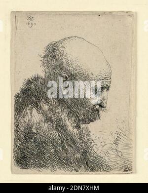 Bald-Headed Man in Profile Right: Small Bust; The Artist's Father?, Rembrandt Harmensz van Rijn, Dutch, 1606–1669, Etching on laid paper, Head of an old man, facing right in profile., Netherlands, 1630, Print Stock Photo