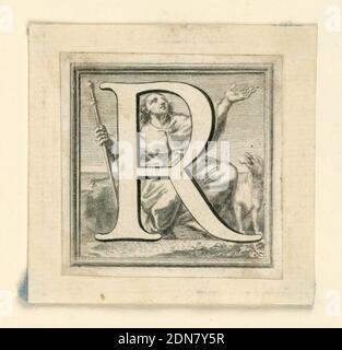 Decorated Capital Letter R, Jakob Frey, Swiss, active Italy, 1681 - 1752, Giovanni Passari, Italian, Engraving on paper, Letter R before the kneeling St. Roch., Rome, Italy, ca. 1715, ephemera, Print Stock Photo