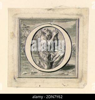 Decorated Capital Letter O, Jakob Frey, Swiss, active Italy, 1681 - 1752, Giovanni Passari, Italian, Engraving on paper, The letter O before St. Onofrio praying., Rome, Italy, ca. 1715, ephemera, Print Stock Photo