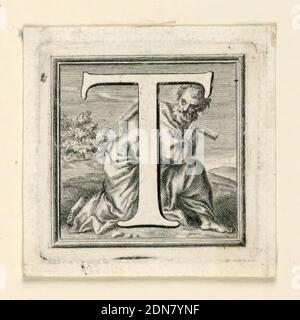 Decorated Capital Letter T, Jakob Frey, Swiss, active Italy, 1681 - 1752, Giovanni Passari, Italian, Engraving on paper, Letter T before the kneeling St. Thomas holding a carpenter's rule., Rome, Italy, ca. 1715, ephemera, Print Stock Photo