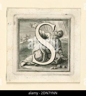 Decorated Capital Letter S, Jakob Frey, Swiss, active Italy, 1681 - 1752, Giovanni Passari, Italian, Engraving on paper, Letter S before St. Stephen suffering his martyrdom., Rome, Italy, ca. 1715, ephemera, Print Stock Photo